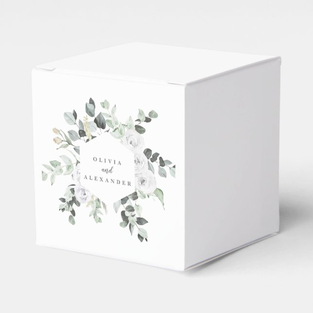 Vita rosor och grönska blomsterbröllopsmonogram presentaskar (Framsidan Sidan)