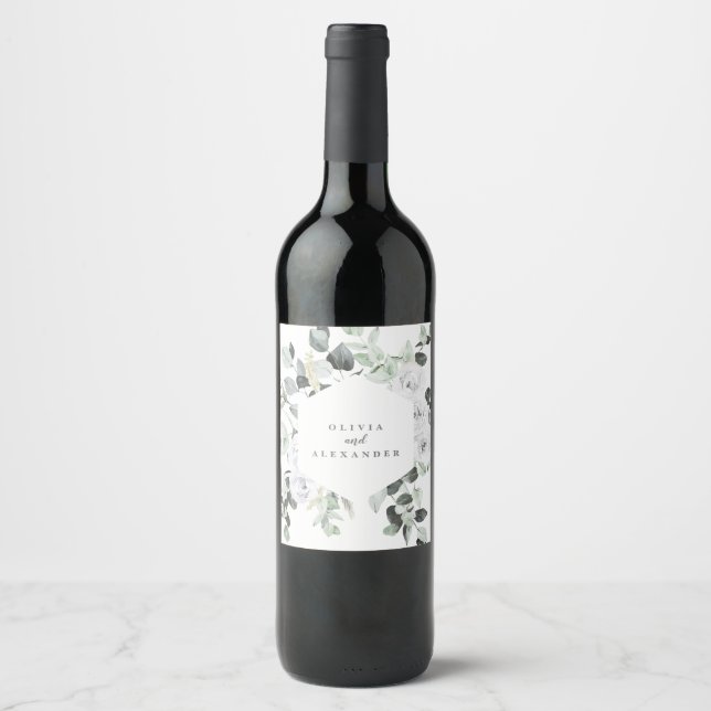 Vita rosor och grönska blomsterbröllopsmonogram vinflaska etikett (Framsida)