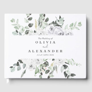 Vita rosor och grönska elegant blomsterbröllop gästböcker