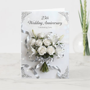 Vita rosor och silverband 25-årsjubileum kort
