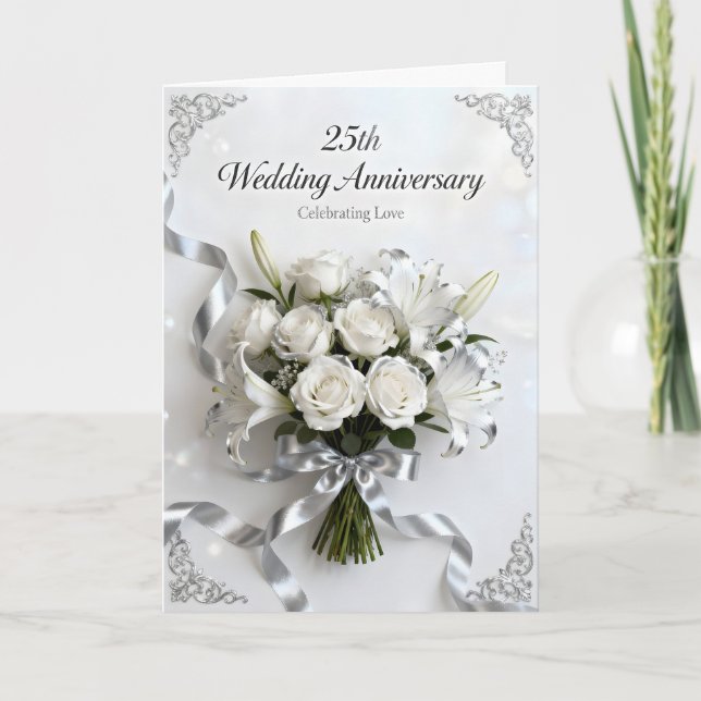 Vita rosor och silverband 25-årsjubileum kort (Framsida)