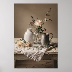 Vita rosor och vintage kanna stilleben poster