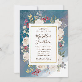 Vita rosor röda bär på blå kristen bröllop inbjudningar