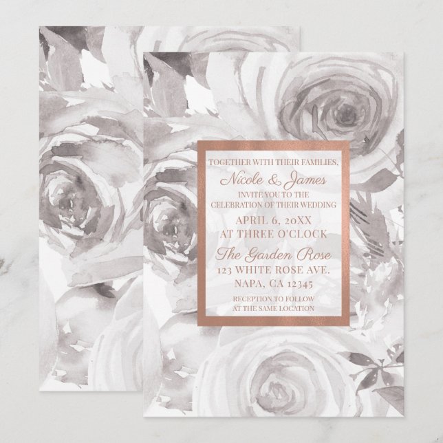 Vita Rosor Rosa Roséguld Modern Elegant Bröllop Inbjudningar (Fram/baksida)