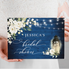 Vita rosor Royal blå träljuslykta bröllopsdusch Gästböcker