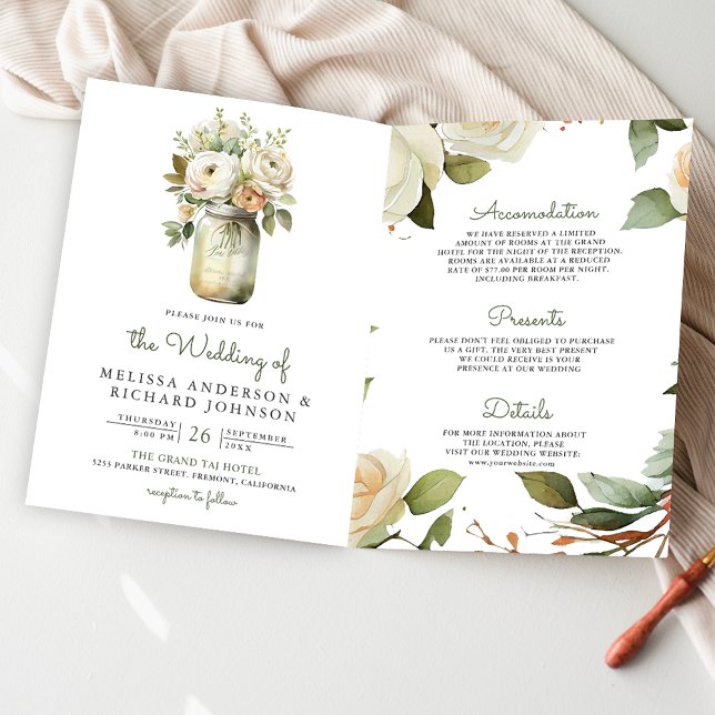 Vita rosor Salvia blad Murad Glasburk QR-kod Bröll Inbjudan (Skapare uppladdad)