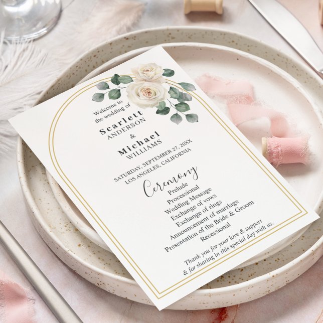 Vita rosor Vår Blommig Romantisk Bröllop (Angled view watercolor white roses garden vintage gold and white elegant luxury wedding program)