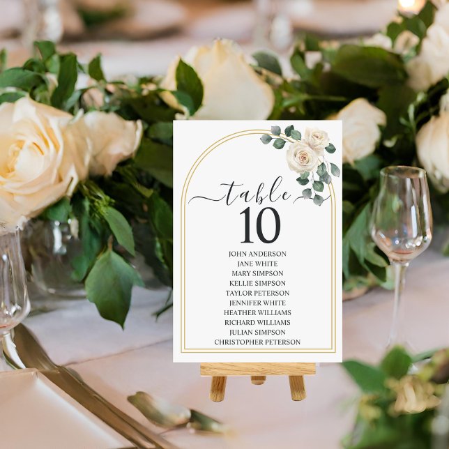Vita rosor Vår Blommig Romantisk Bröllop Bordsnummer (Front view minimal floral golden wedding arch elegant luxury classic wedding table number card)