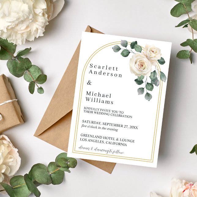 Vita rosor Vår Blommig Romantisk Bröllop Inbjudningar (Angled view minimal floral golden wedding arch soft botanical romantic timeless wedding invitation)