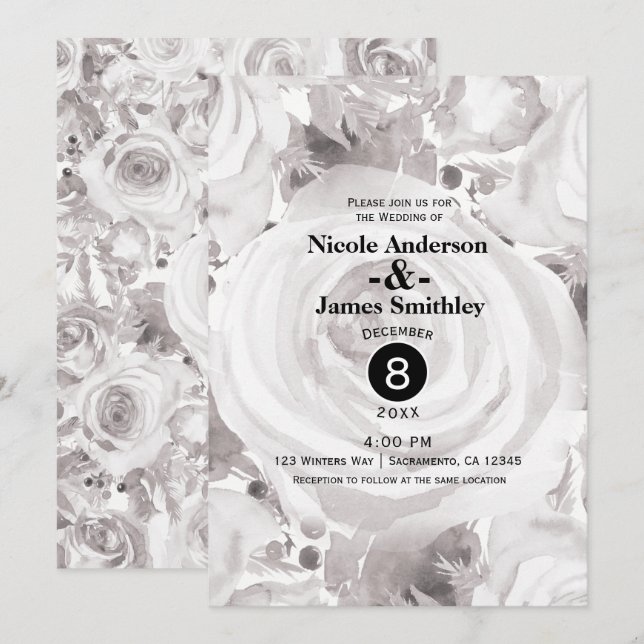 Vita Rustika Vinterrosor Eleganta Bröllop Inbjudningar (Fram/baksida)