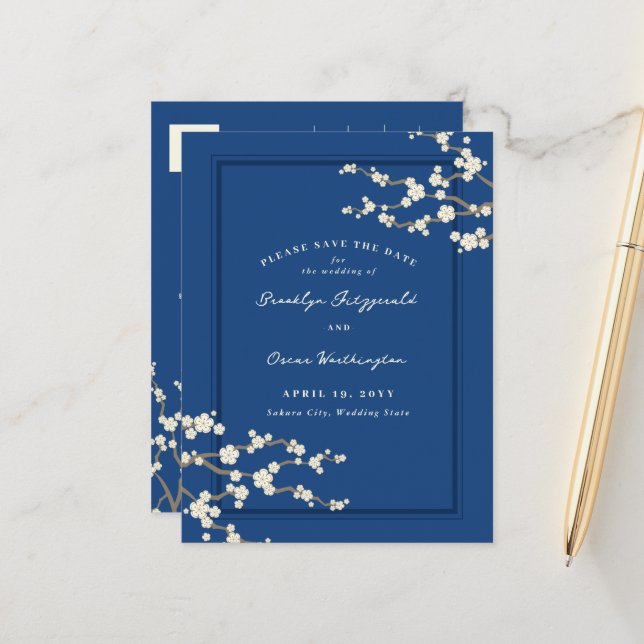 Vita Sakura Körsbärsblommor Asiatiskt Spara Datum Meddelande Vykort (Fram/Back In Situ)