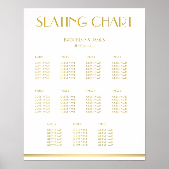 Vita sätesschemat och sätesschemat Guld Bröllop Po Poster (Framsidan)