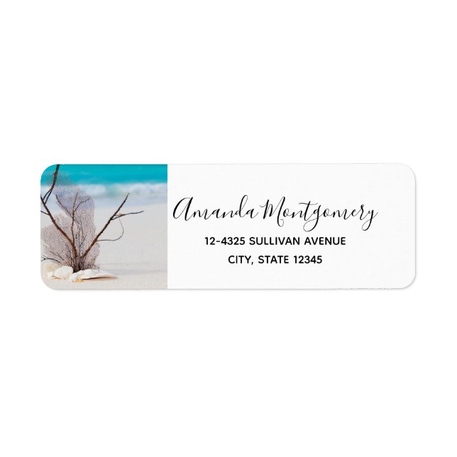 Vita Seashells på en tropisk strand Returadress Etikett (Framsidan)