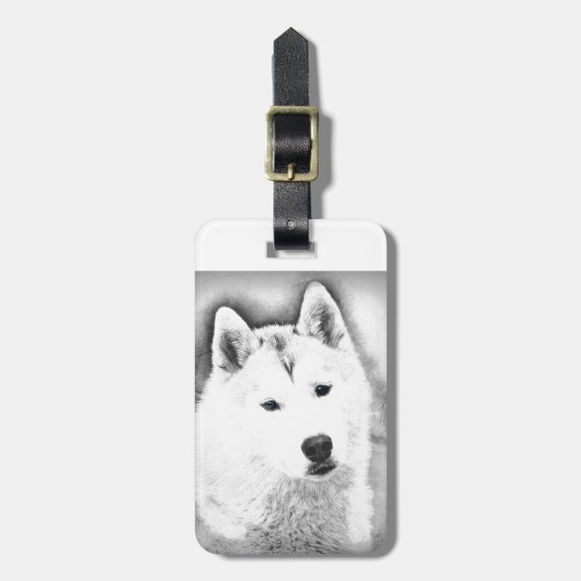 Vita Siberian husky med blå Öga Fine Art Sketch Bagagebricka (Vertikal Framsida)
