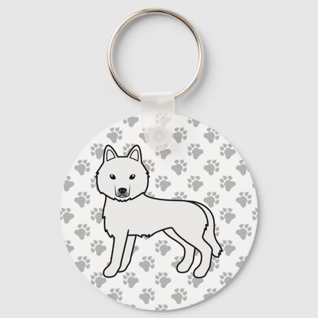 Vita Siberian husky Tecknad hund & Tass Nyckelring (Framsida)