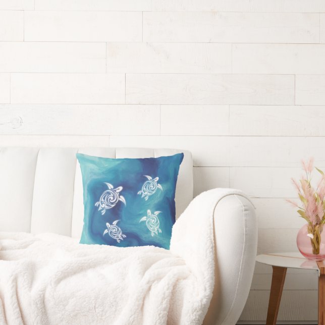 Vita Sköldpaddor Blått Hav Akvarell Kustlinje Kudde (Soffa)