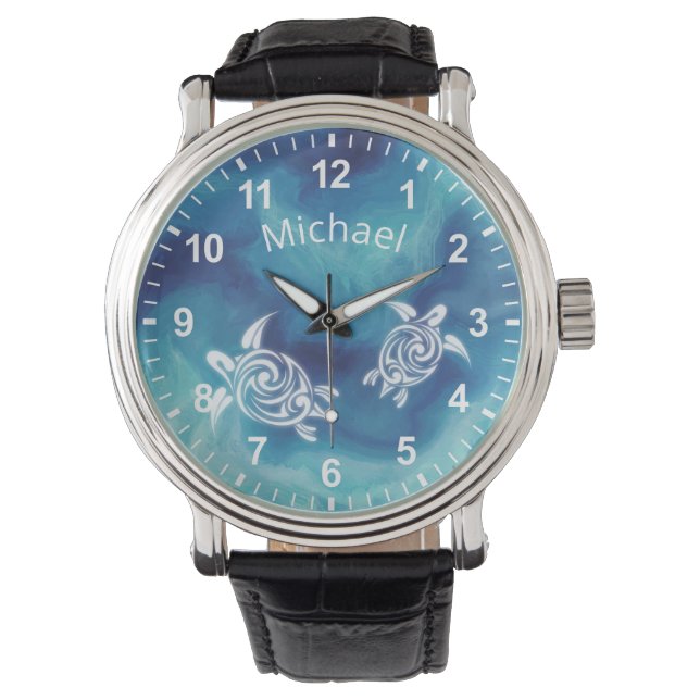 Vita sköldpaddor i blå havsfärg Ditt namn Armbandsur (Framsida)