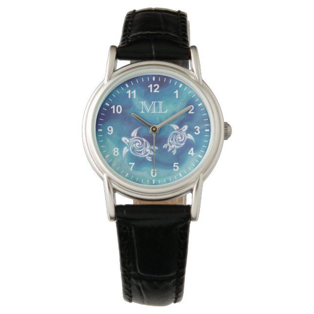 Vita Sköldpaddor i Blått Hav Akvarellmonogram Armbandsur (Framsida)