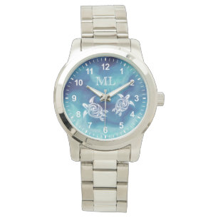 Vita sköldpaddor i Blue Ocean Watercolor Monogram Armbandsur