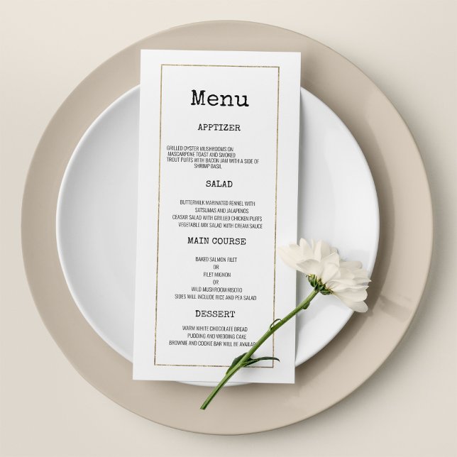 Vita skrivskrivartypsteckensnittet rustic Bröllop  Program (White gold typewriter font rustic Wedding Menu)