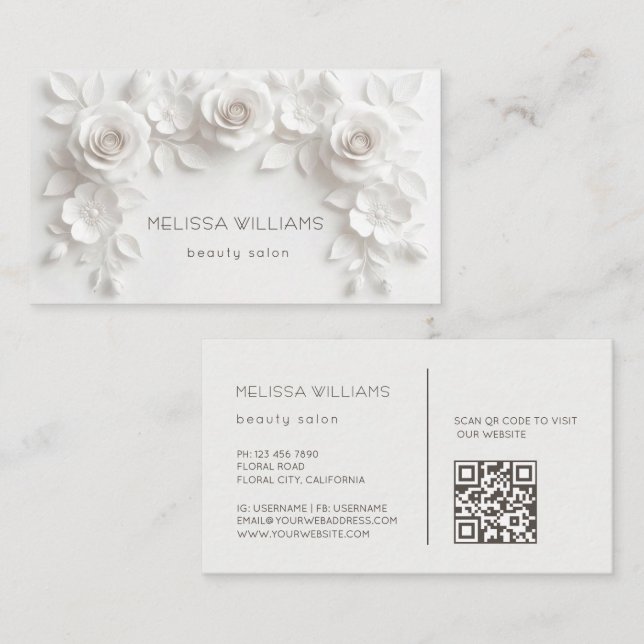 Vita Skulpturala 3D Blommor Visitkort (Fram/baksida)