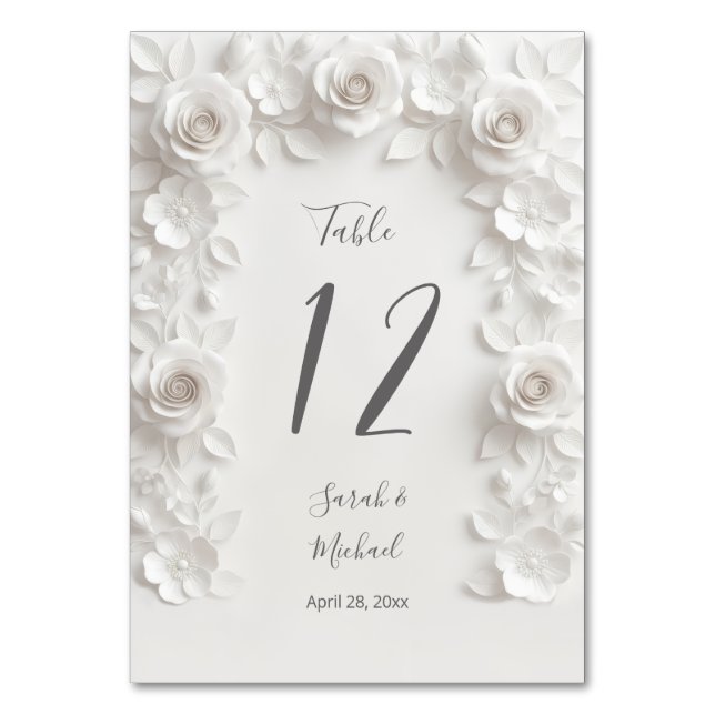 Vita Skulpturerade Blommor Båg Bröllop   Bordsnummer (Framsidan)