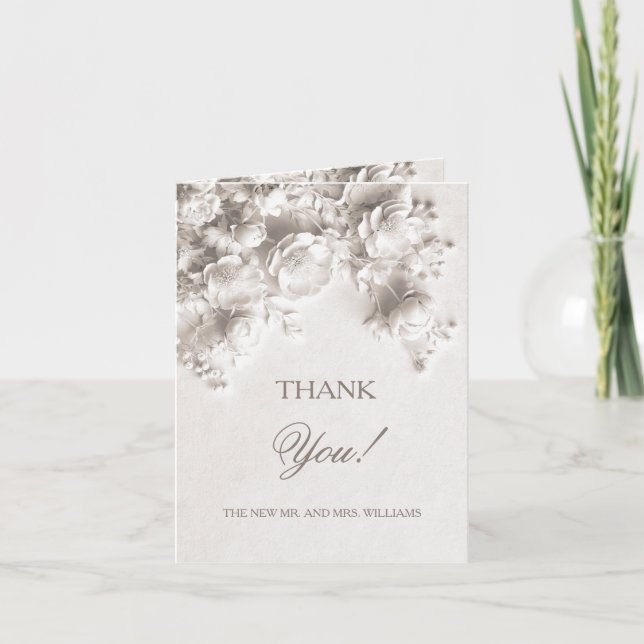 Vita Skulpturerade Blommor | Bröllopsfoto  Tack Kort (Framsida)