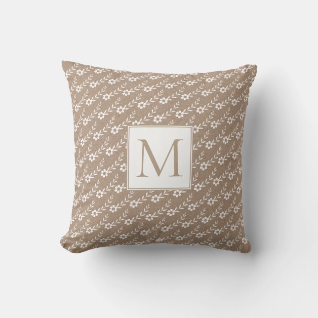 Vita små blommor och monogram rustik kudde (Framsida)