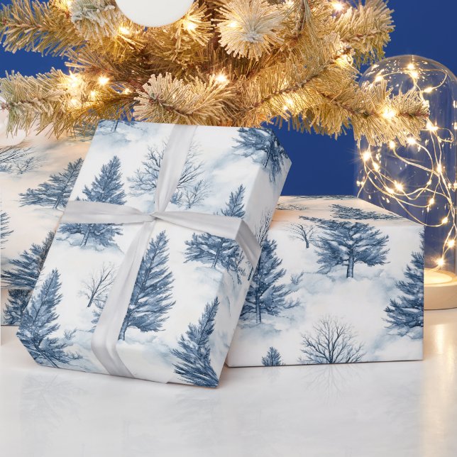 Vita snö blå julgranar presentpapper (Helgdagar)