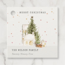 Vita Snö Träd-hus God jul Hälsning Gåvor Etiketter