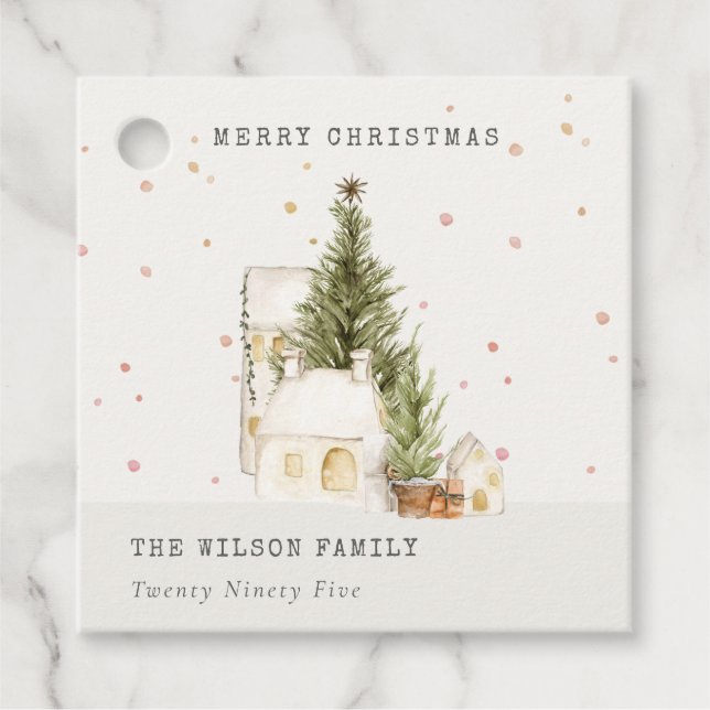 Vita Snö Träd-hus God jul Hälsning Gåvor Etiketter (Framsida)