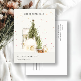 Vita Snö Träd-hus God jul Hälsning Helg Vykort