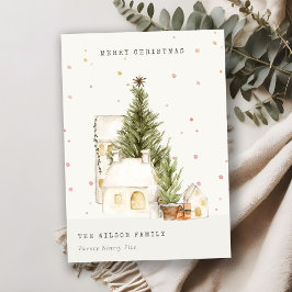 Vita Snö Träd-hus God jul Hälsning Julkort