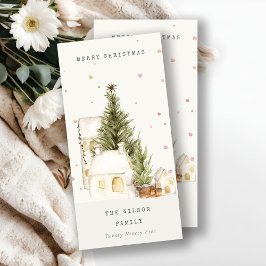 Vita Snö Träd-hus God jul Hälsning Julkort