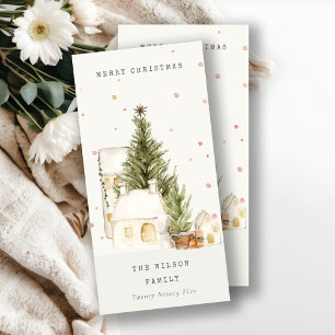 Vita Snö Träd-hus God jul Hälsning Julkort