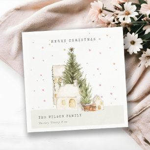 Vita Snö Träd-hus God jul Hälsning Pappersservett