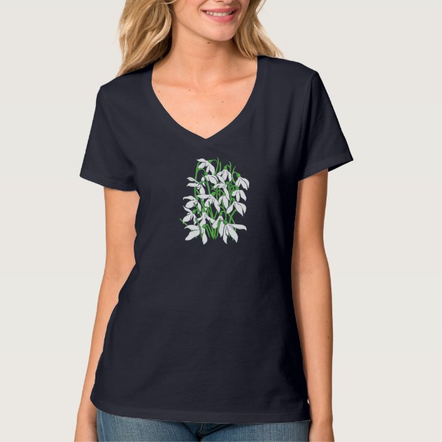 Vita snödroppsblommor Januari Födelsemånad Blomma Tee Shirt (Framsida)