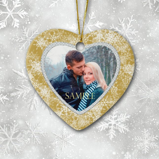 Vita Snöflingor Gräns på fotomallen Guld Julgransprydnad Keramik (Skapare uppladdad)