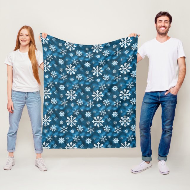 Vita snöflingor Mönster på blå vinter Fleecefilt (På plats)