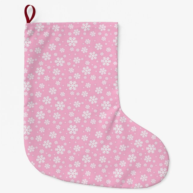 Vita snöflingor på ljusrosa vintermönster stor julstrumpa (Framsidan)