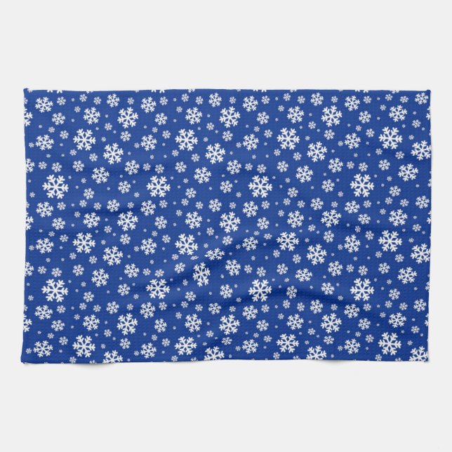 Vita Snöflingor på Mörk blått vinter Mönster Kökshandduk (Horisontell)