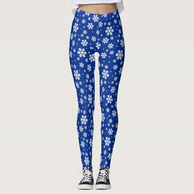 Vita snöflingor på mörkblått vintermönster leggings (Framsida)