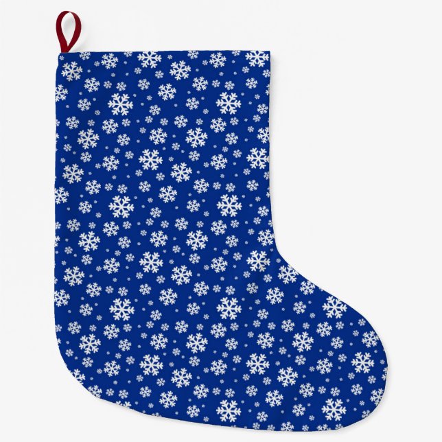 Vita snöflingor på mörkblått vintermönster stor julstrumpa (Framsidan)