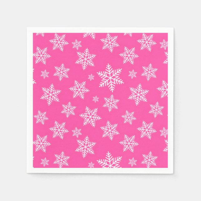 Vita snöflingor på rosa vintermönster pappersservett (Framsidan)