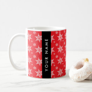 Vita snöflingor, Röd, Ditt namn, Personlig Kaffemugg