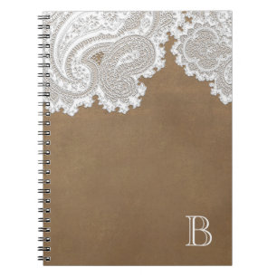Vita Snöre & Brown Rustic Chic Elegant Anteckningsbok Med Spiral
