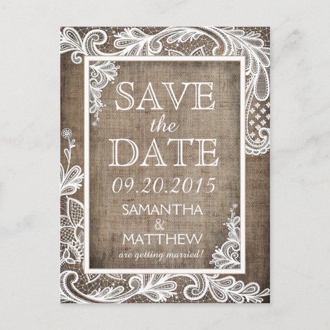 Vita Snöre Burlap Modern Goth Save Date Meddelande Vykort (Framsida)
