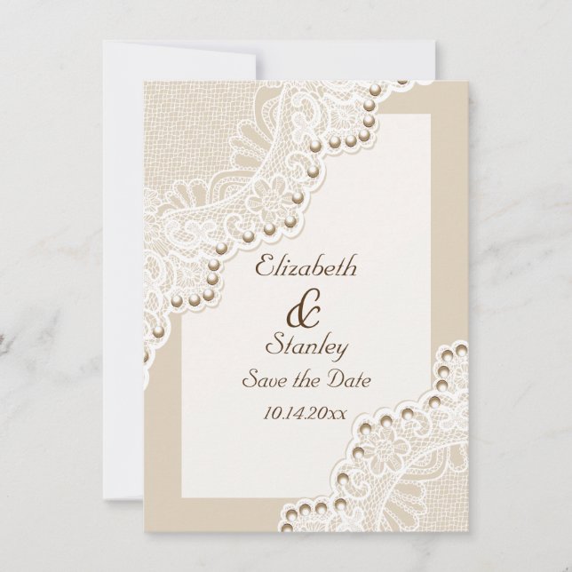 Vita snöre med pärlpärmar bröllop spara datum datumet (Framsida)
