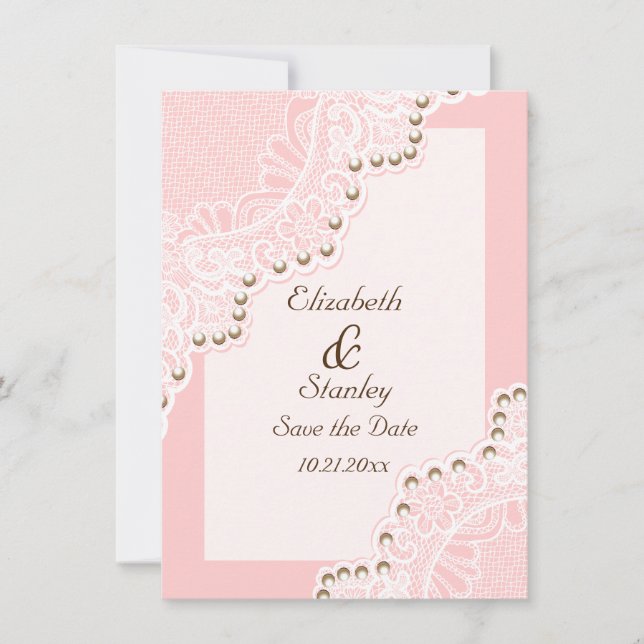 Vita snöre med pärlpärmar rosa bröllop spara datum datumet (Framsida)