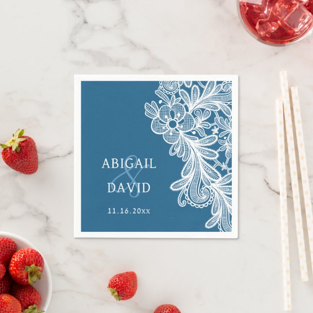 Vita Snöre på Blå Bröllop Pappersservett (Insitu)